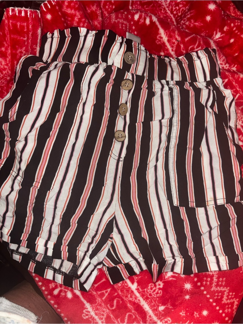 Joe Benbasset Black, White and Red Vertical Stripe High-Waist Shorts